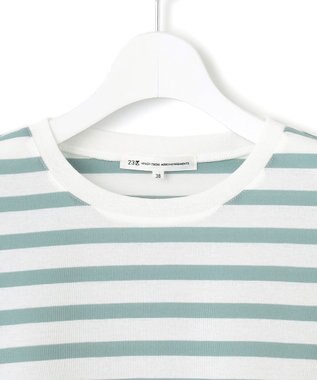 23区 【洗える】シアーフライスボーダー Tシャツ オフ×ライトセージ