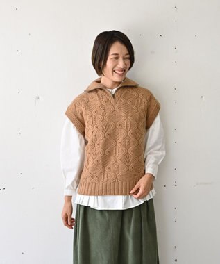 muuc 5種類の模様編み  パッチワーク柄ケーブル模様編みベスト キャメル