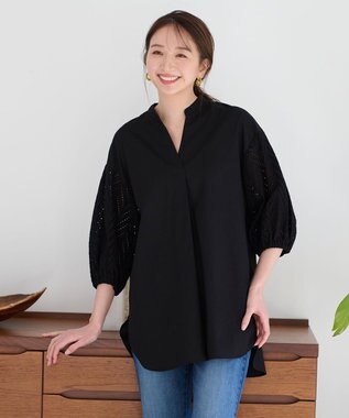 ANY 【洗濯機可】エンブロイダリー スキッパーチュニックブラウス ブラック