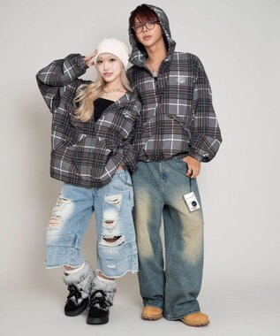 WEGO 【ユニセックス着用ITEM/MLサイズ展開】チェックロゴフードブルゾン ブラックその他