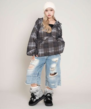 WEGO 【ユニセックス着用ITEM/MLサイズ展開】チェックロゴフードブルゾン ブラックその他