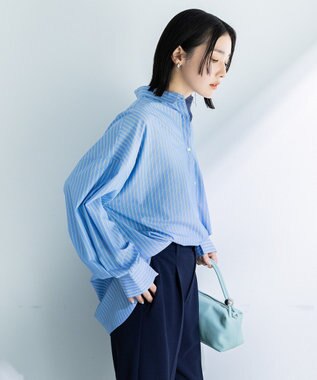 Green Parks イージーケア抜け衿シャツ Stripe Blue