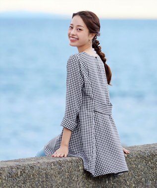Tiaclasse L 【おのののかさん着用】半袖＆七分袖選べる袖丈バックフレアチュニック 七分袖ギンガムチェック小