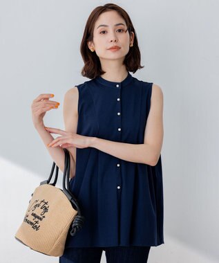 組曲 【洗える】ブラウスライクジャージーノースリーブ カットソー ネイビー系