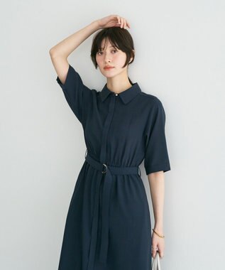 YECCA VECCA 【接触冷感】ベルト付きシャツワンピース Navy