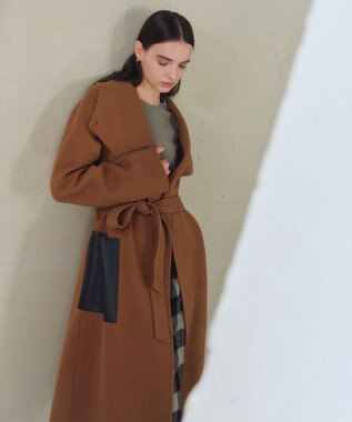 BEIGE， LEMOORE / ウールリバーフェイクレザーポケット付きコート Caramel