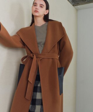 BEIGE， LEMOORE / ウールリバーフェイクレザーポケット付きコート Caramel