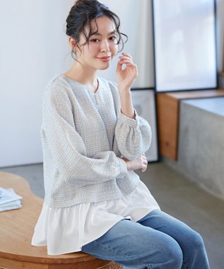 Tiaclasse ツイードコンビフレアチュニック サックス