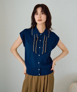 YECCA VECCA 配色フリルカーディガン Navy