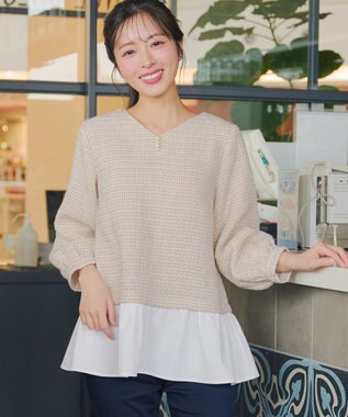 Tiaclasse ツイードコンビフレアチュニック ベージュ