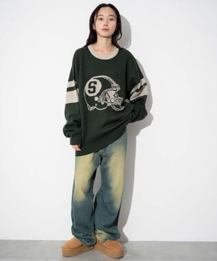 WEGO 【ユニセックス着用ITEM】ジャガードスリーブラインプルオーバー ダークグリーン