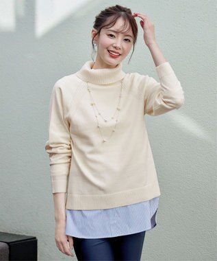 Tiaclasse 【安田美沙子さん着用・選べる裾】 レイヤードヘムカットソーTシャツ オフ×ブルーストライプ裾シャツ