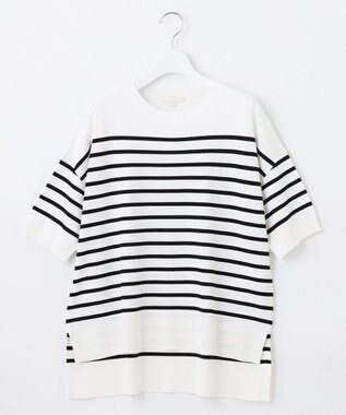 自由区 S 【接触冷感・UVカット・WEB限定カラーあり】クレープストレッチプルオーバー ニット [WEB限定]オフ×ブラックボーダー