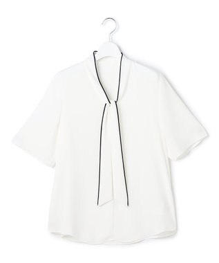 ICB L 【新色追加】BackSatinAmunzen 5分袖配色ボウタイブラウス オフホワイト