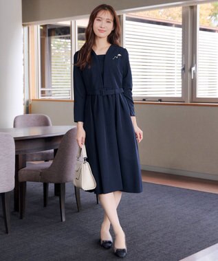 Tiaclasse L 【ダブルクロス・洗える】 ナローVネックワンピース ネイビー