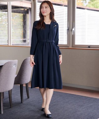 Tiaclasse L 【ダブルクロス・洗える】 ナローVネックワンピース ネイビー