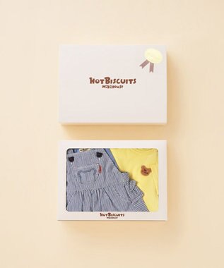 MIKI HOUSE HOT BISCUITS ストライプ柄 ジャンパースカート＆ワンポイント半袖Tシャツギフトセット【BOX付き】 黄