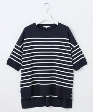 自由区 【接触冷感・UVカット・WEB限定カラーあり】クレープストレッチプルオーバー ニット ネイビー×オフボーダー