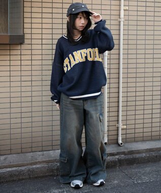 WEGO VネックグラフィックニットBIGプルオーバー ネイビー