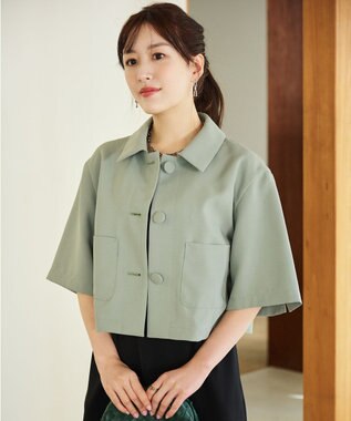 #Newans 【シワになりにくい】〈花乃まりあさんコラボ〉クロップドシャツジャケット スモークグリーン