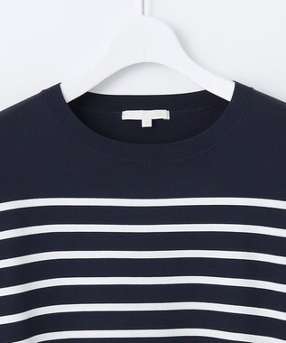 自由区 【接触冷感・UVカット・WEB限定カラーあり】クレープストレッチプルオーバー ニット ネイビー×オフボーダー