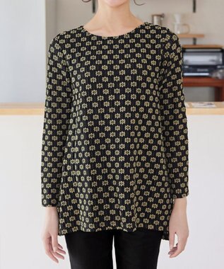 Tiaclasse L 花柄カットレースフレアトップス ブラック×ベージュ