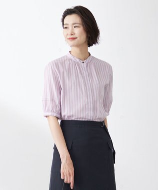 J.PRESS LADIES L 【洗える】綿キュプラコードストライプ バンドカラー ブラウス ピンク系1