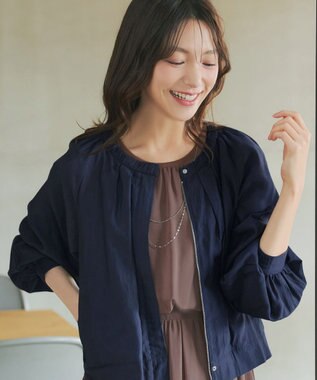 Tiaclasse L 麻調襟ギャザーシアーブルゾン ネイビー