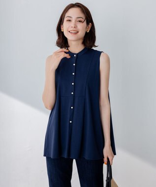 組曲 【洗える】ブラウスライクジャージーノースリーブ カットソー ネイビー系