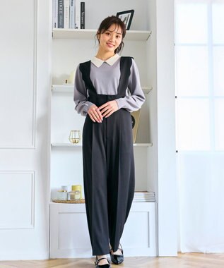 Feroux 【洗える】スカラップデザイン・サスペンダー付きパンツ ブラック系