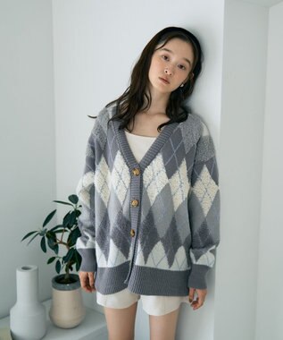 earth music&ecology ループ編みアーガイルカーディガン Gray