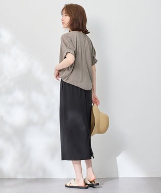 ANY 【洗濯機可】タックスリーブドルマンTシャツ ベージュストライプ