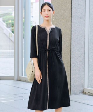 Tiaclasse L 【新色追加・洗える】配色キーネックストライプワンピース