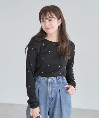 Green Parks ・ＤＯＵＢＬＥ　ＦＬＡＧＳ　ハート刺繍リブロンＴＥＥ Black