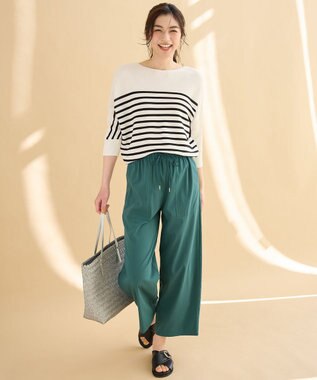 ANY L 【洗濯機可/アンチピリング/UVケア】アクリルガーターニット オフ×ブラックボーダー