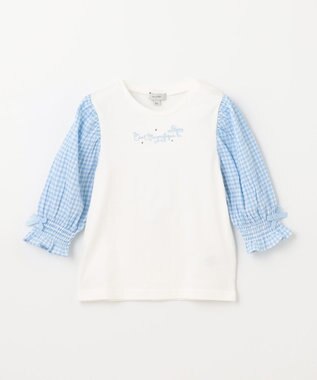 ANY KIDS 袖ギンガム 七分袖 Tシャツ オフホワイト×ブルーギンガム