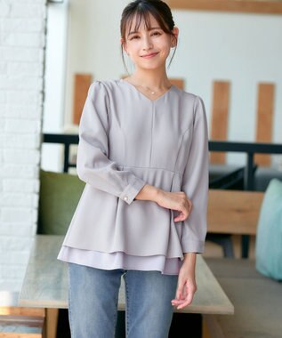 Tiaclasse L 【洗える】レイヤードヘムペプラムブラウス グレージュ