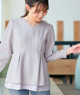 Tiaclasse L 【洗える】レイヤードヘムペプラムブラウス グレージュ
