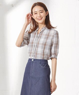 J.PRESS LADIES 【洗える】キュプラチェック フリルスタンドカラー ブラウス ベージュ系3