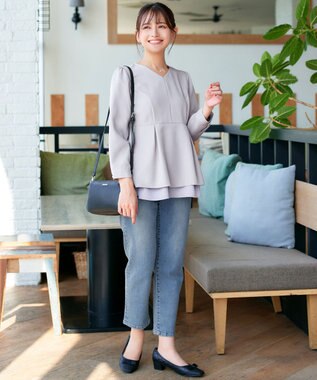 Tiaclasse L 【洗える】レイヤードヘムペプラムブラウス グレージュ