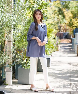 Tiaclasse L 【洗える】リボン付きタックスリーブチュニックブラウス ブルー