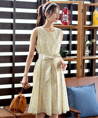 Tiaclasse 【洗える】大人華やかなノースリーブ花柄ワンピース イエロー