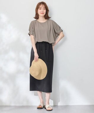 ANY 【洗濯機可】タックスリーブドルマンTシャツ ベージュストライプ