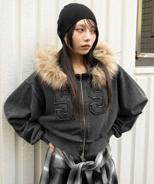  ファーフードショートZIPパーカー