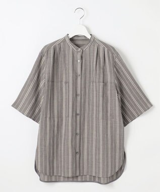 自由区 S 【カタログ掲載・セットアップ対応・洗える】リネンビスコースストライプ シャツ セピア系