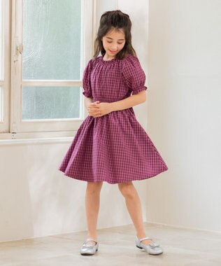組曲 KIDS 【150-160㎝】チェック ワンピース ラズベリー系3