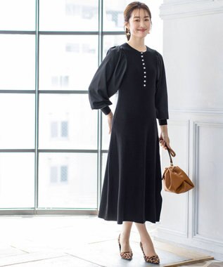 Tiaclasse 【洗える】パフ袖が大人可愛い袖コンビニットワンピース ブラック