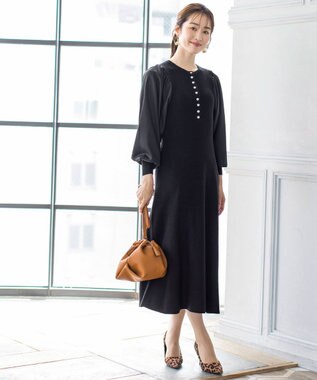 Tiaclasse 【洗える】パフ袖が大人可愛い袖コンビニットワンピース ブラック