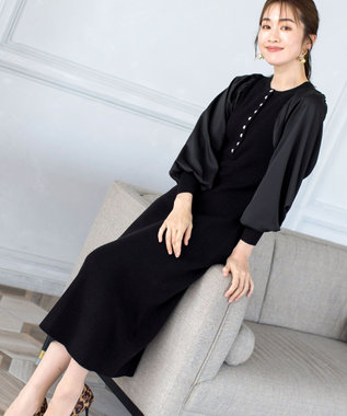 Tiaclasse 【洗える】パフ袖が大人可愛い袖コンビニットワンピース ブラック