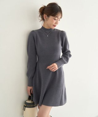 earth music&ecology ウエストリブフレアニットミニワンピース Charcoal Gray